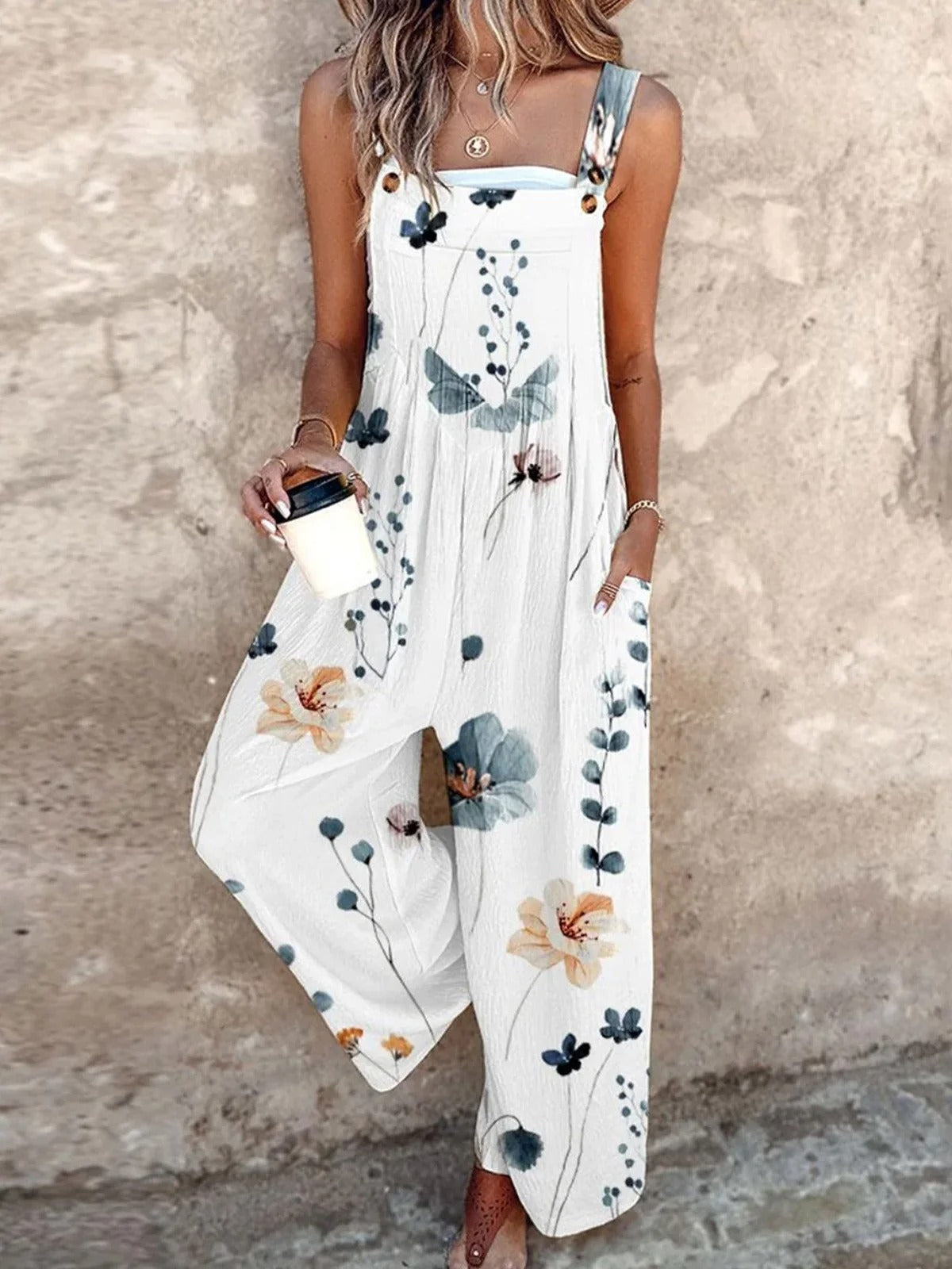 Gallus Spaghetti Loose Long Daily Vacation Floral Natural Overall Jumpsuit