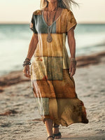 Short Sleeve Summer Floral Printing Dress V Neck Daily Going Out Casual Maxi T-Shirt Dress H-Line Dress