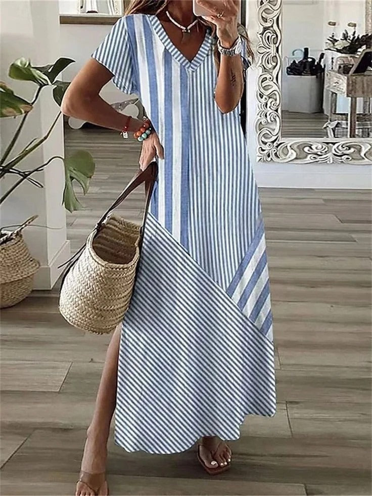 Navy-White Striped V-neck Short Sleeve Maxi Dress