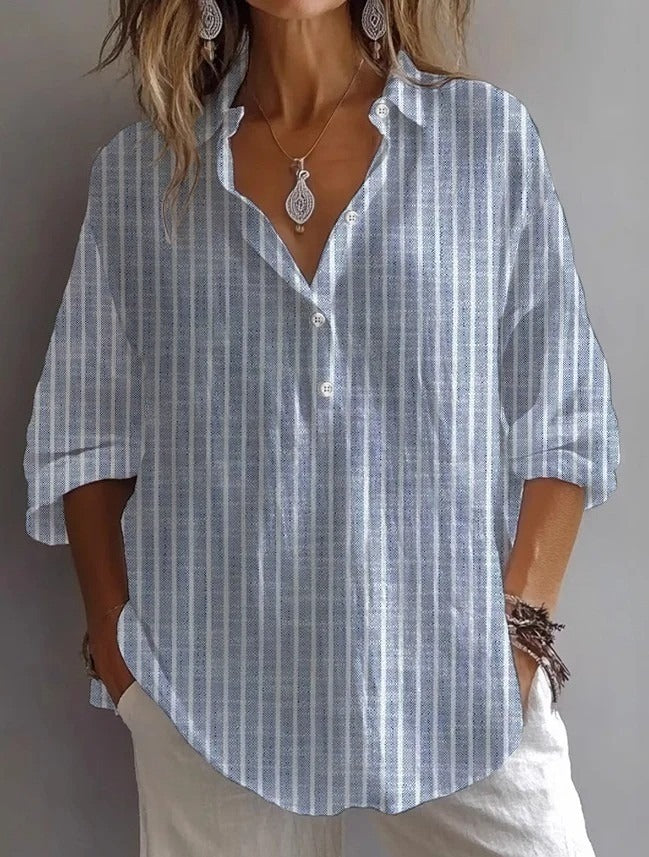 Navy-White Striped V-neck 3/4 Sleeve Tops