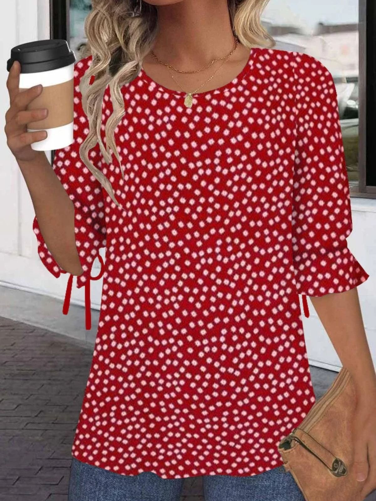 Floral Crew Neck Balloon Half Sleeve Loose Blouse