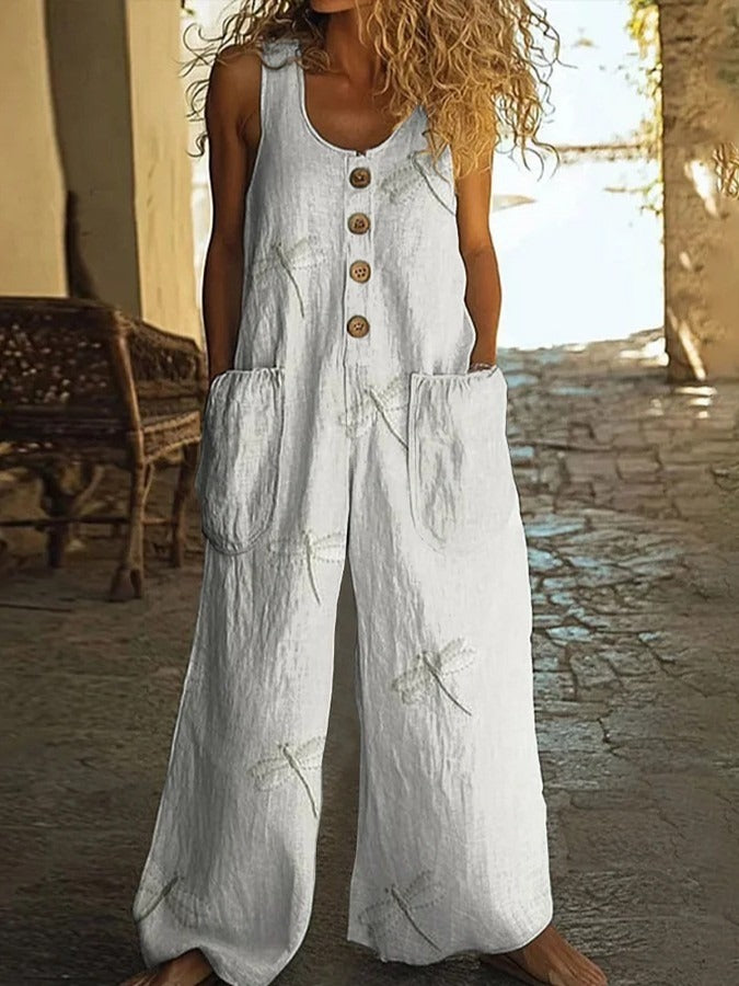 Dragonfly Print Crew Neck Sleeveless Button-Embellished Pockets Casual Jumpsuit