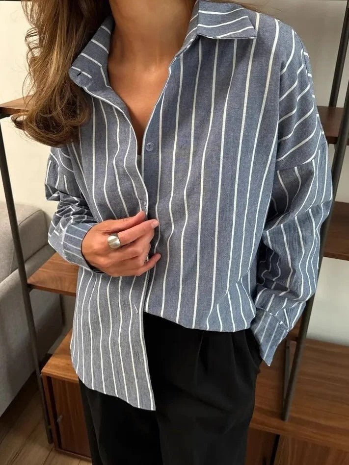 Stripe Shirt Collar Long Sleeve Semi Formal Shirt