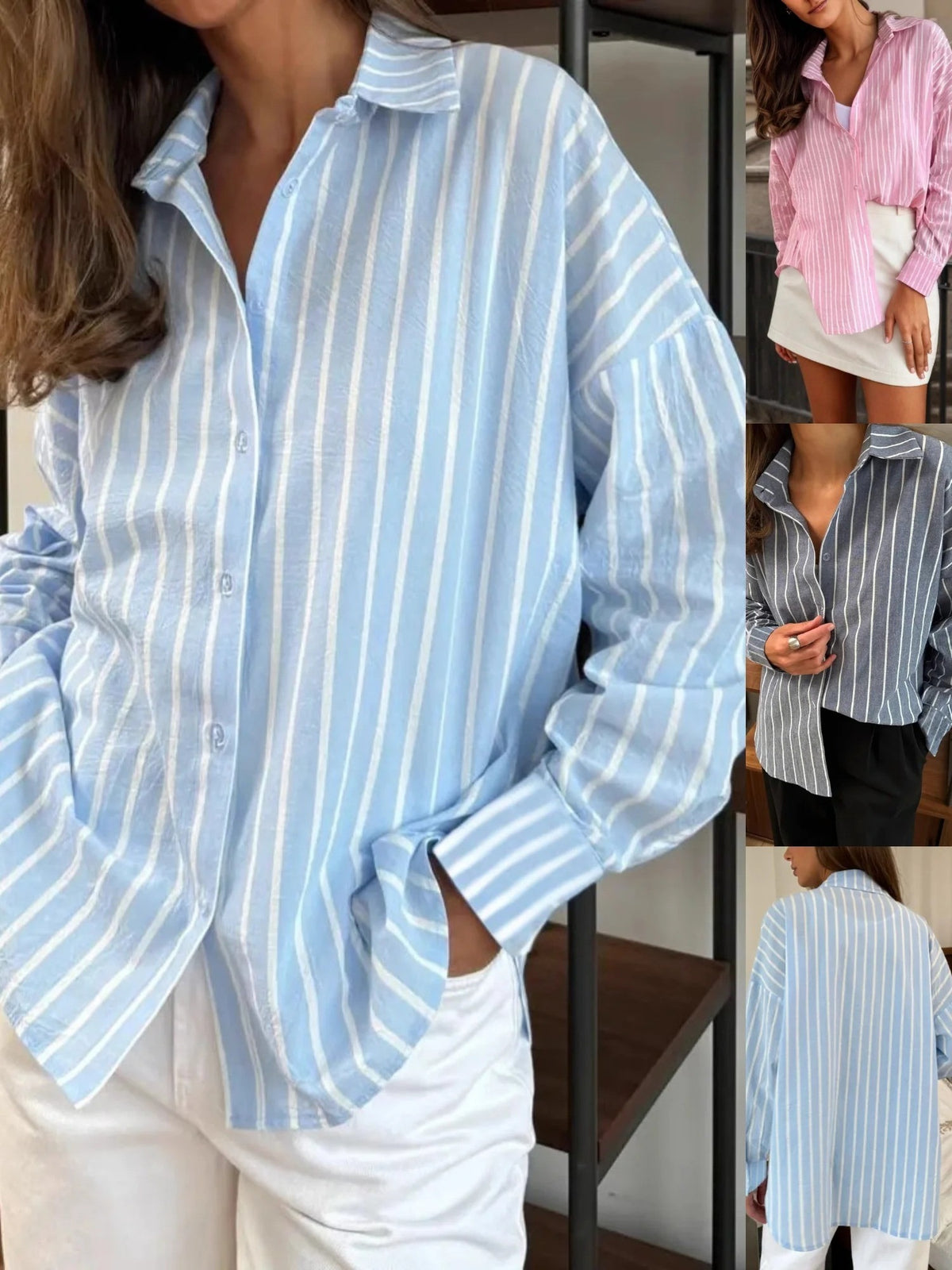 Stripe Shirt Collar Long Sleeve Semi Formal Shirt