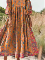 Retro Ethnic Totem Print Crew Neck Half Sleeve Flowy Maxi Dress