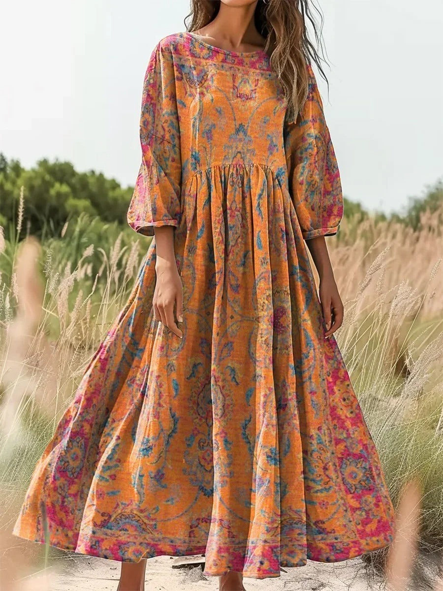 Retro Ethnic Totem Print Crew Neck Half Sleeve Flowy Maxi Dress
