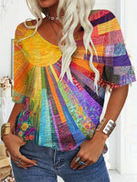 Colorful Sunlight Pattern Crew Neck Short Sleeve Loose T-Shirt
