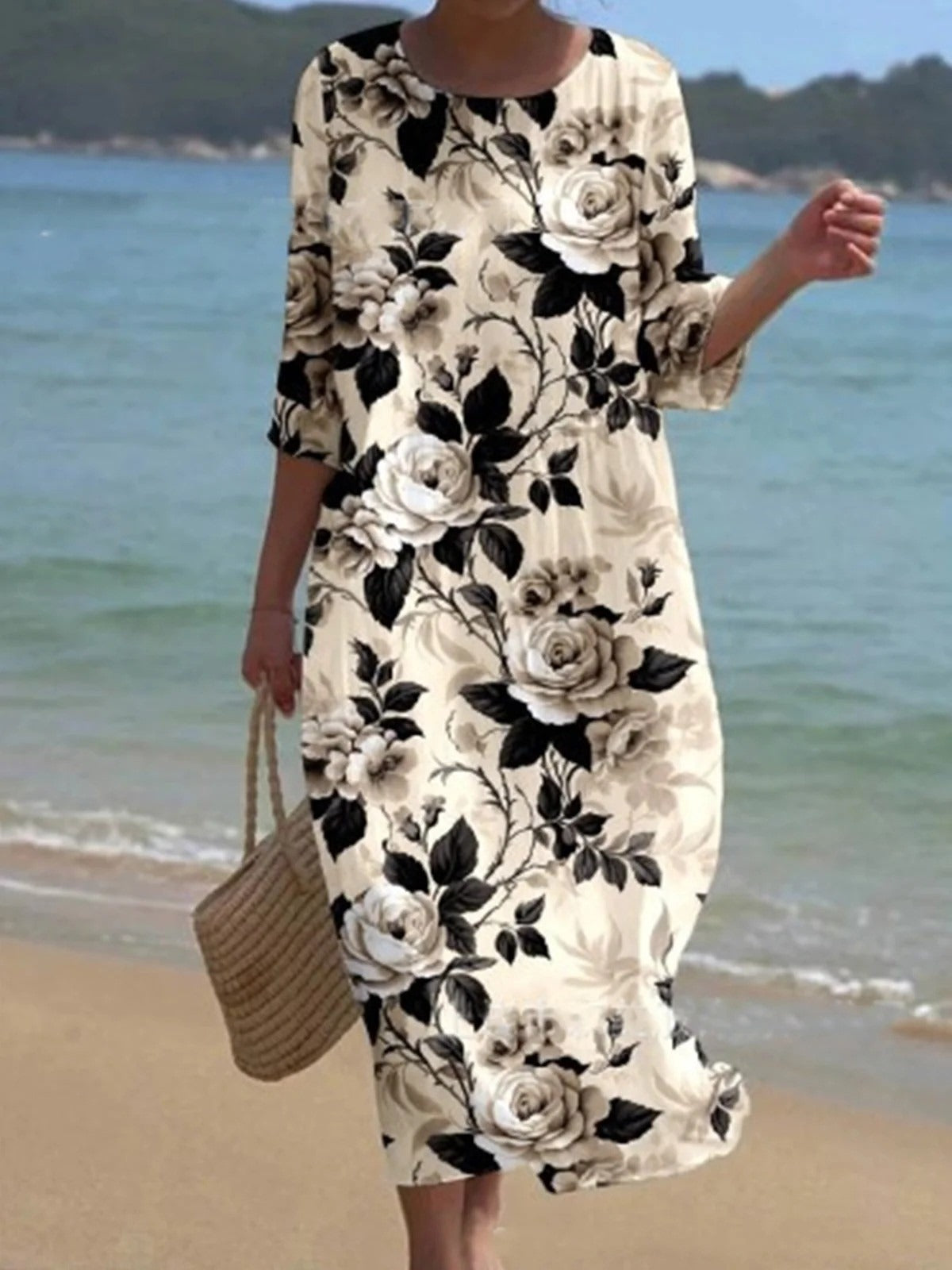 Art Floral Crew Neck Half Sleeve Casual Vacation Maxi Dress