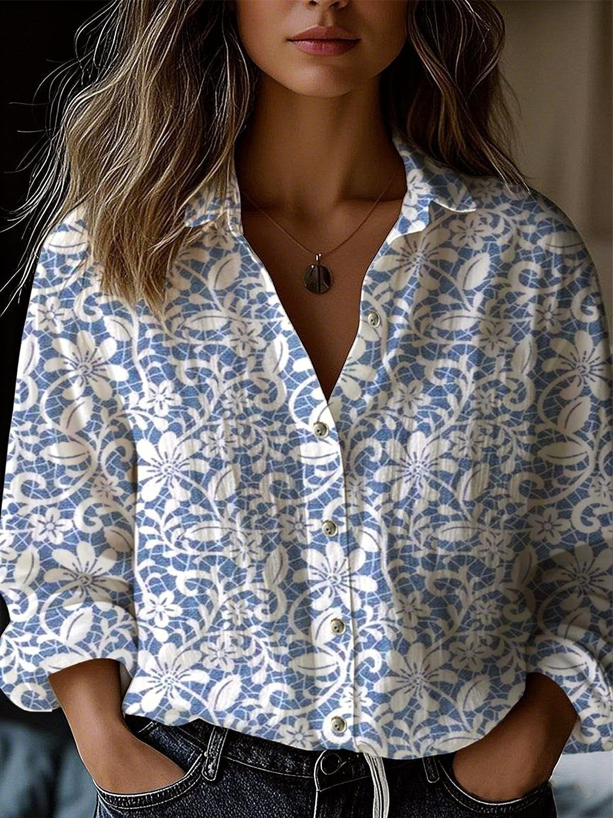 Floral Shirt Collar Long Sleeve Loose Casual Shirt