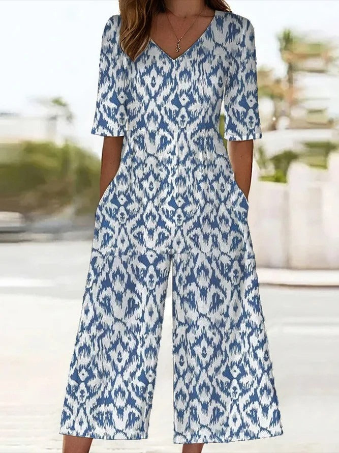 Geometric Print V Neck Half Sleeve H-Line Pockets Casual Jumpsuit