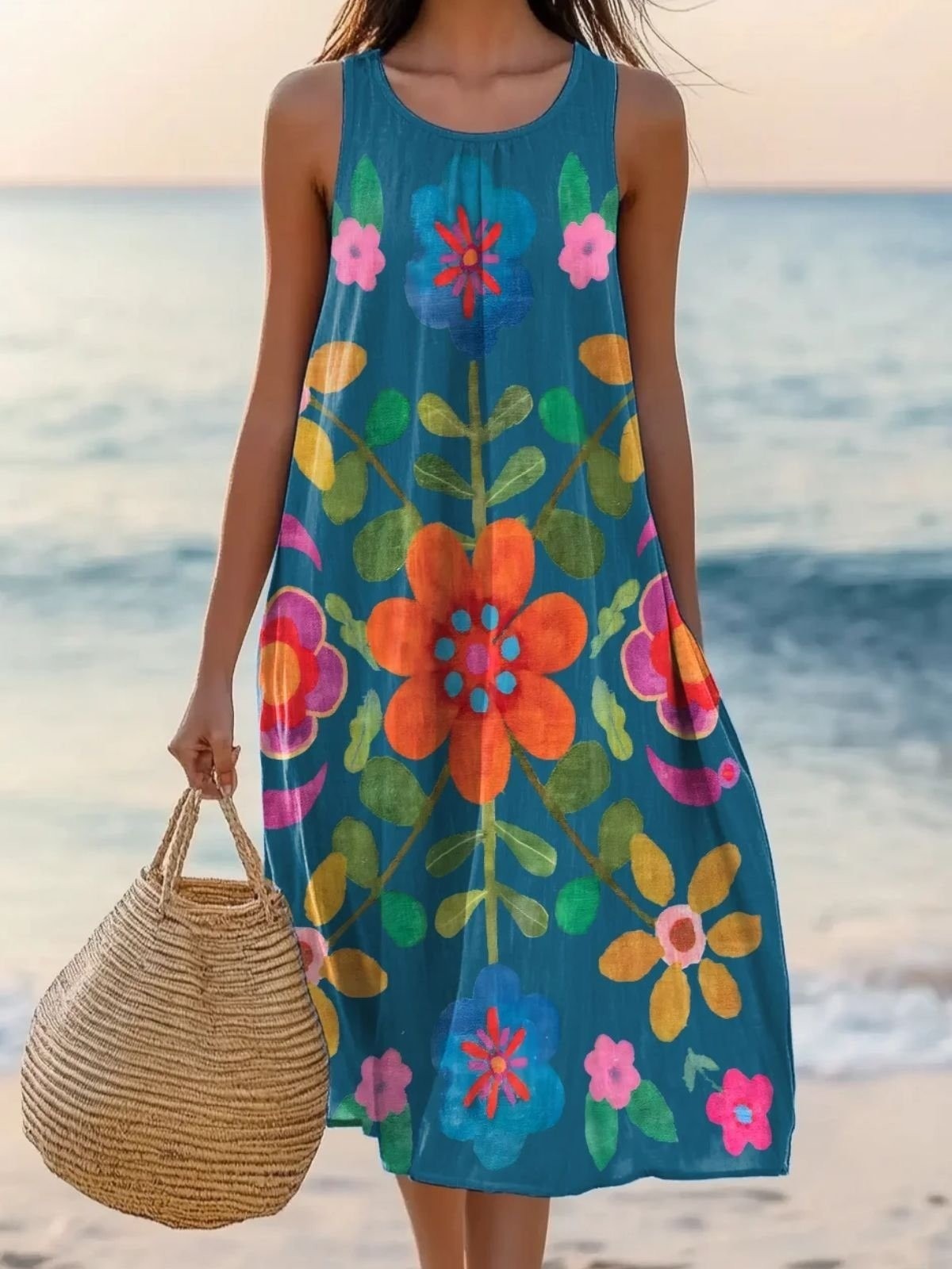 Floral Round Neck Sleeveless Loose Vacation Midi Dress