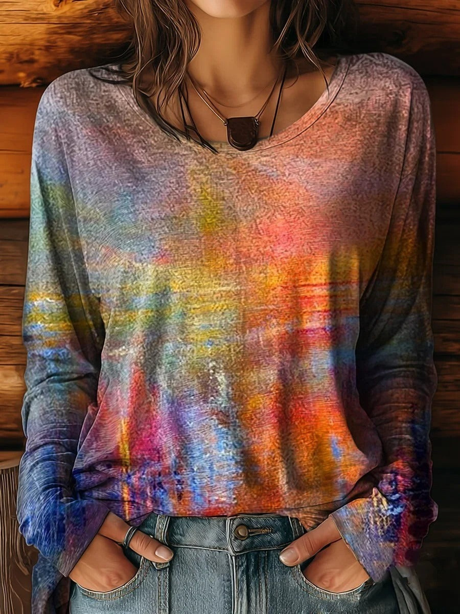 Abstract Tie-dye Crew Neck Long Sleeve Casual T-shirt