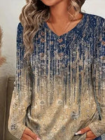Retro Abstract Print V-neck Long Sleeve Tops