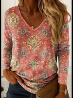 Abstract Elegant V-neck Long Sleeve Tops