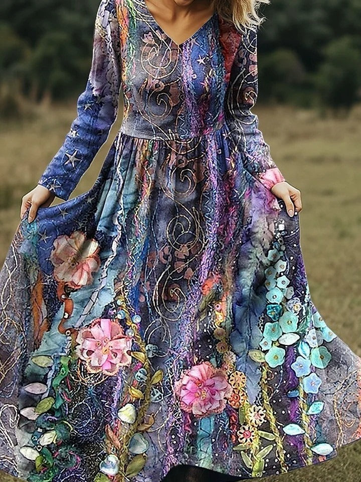 Bohemian Beach Floral Print V-neck Long Sleeve Maxi Dress