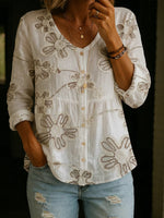 Elegant V-Neck Embroidered Cotton Casual Shirt