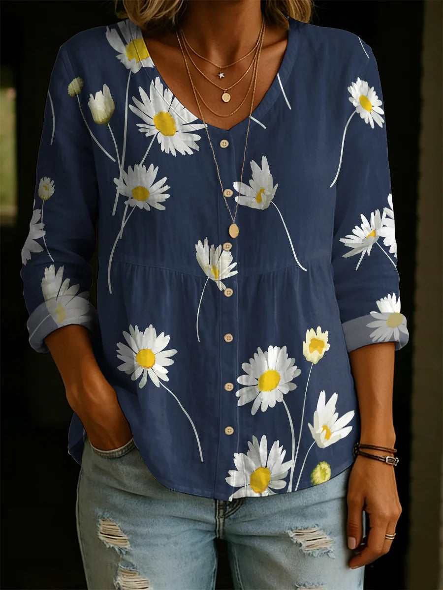 Floral Pattern Linen And Cotton Casual Shirt