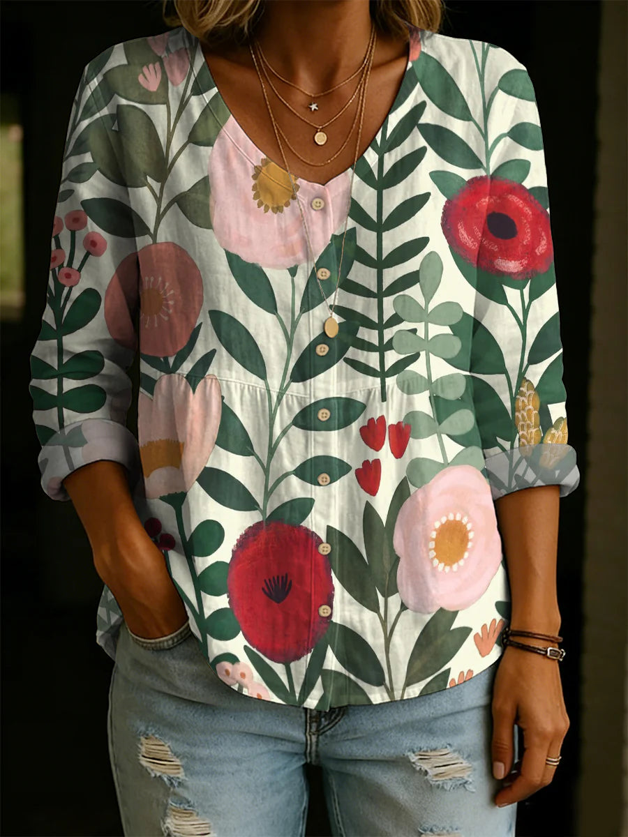 Colorful Floral Decorative Patterns Long Sleeves Shirt– CURVECOMFY