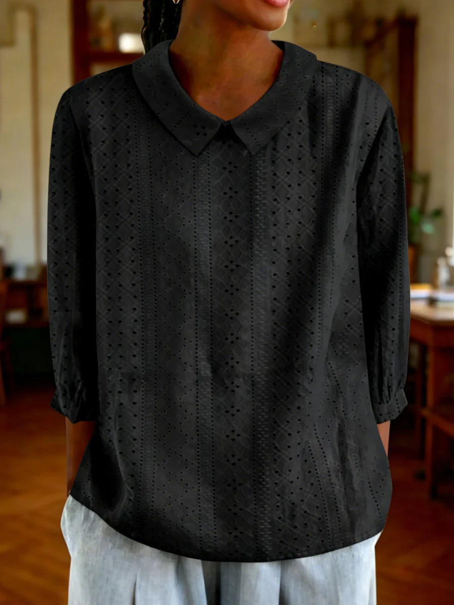 Solid Color Lapel Neck 3/4 Sleeve Top