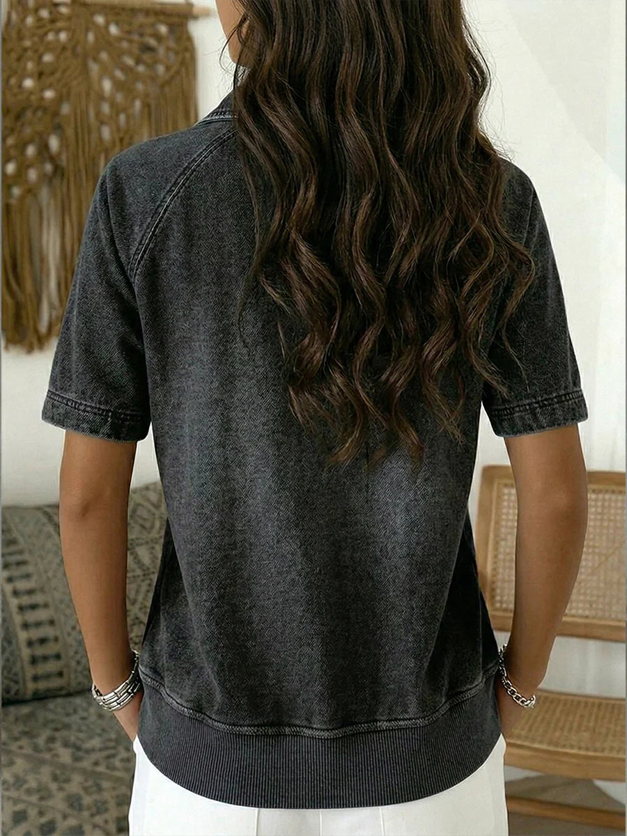 Short-sleeved Polo Collar Denim Pullover Sweatshirt