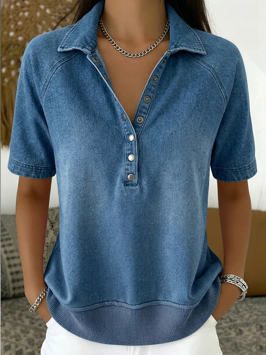 Short-sleeved Polo Collar Denim Pullover Sweatshirt