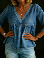 3/4 Sleeves Lace Collar Denim Casual Shirt