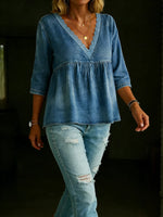 3/4 Sleeves Lace Collar Denim Casual Shirt