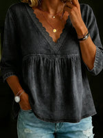 3/4 Sleeves Lace Collar Denim Casual Shirt