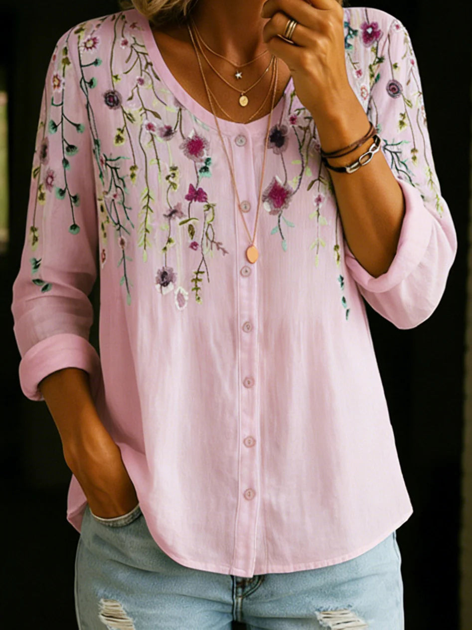 Vintage Florl V-Neck Cotton Linen Shirt Blouse