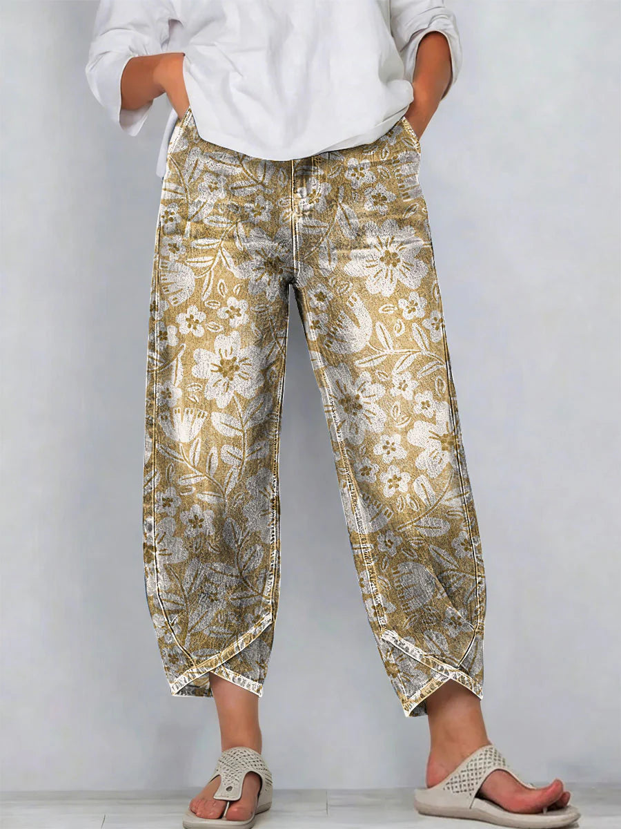 Floral Pattern Art Prints Casual Denim Cotton Pants