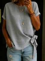 Solid Color Round Neck Short-sleeved Linen Cotton Shirt