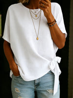 Solid Color Round Neck Short-sleeved Linen Cotton Shirt
