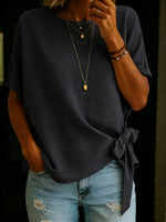Solid Color Round Neck Short-sleeved Linen Cotton Shirt