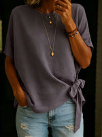 Solid Color Round Neck Short-sleeved Linen Cotton Shirt