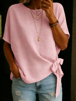 Solid Color Round Neck Short-sleeved Linen Cotton Shirt