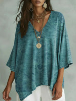 Vintage Pattern Art Print Casual Bat Sleeve Denim Shirt