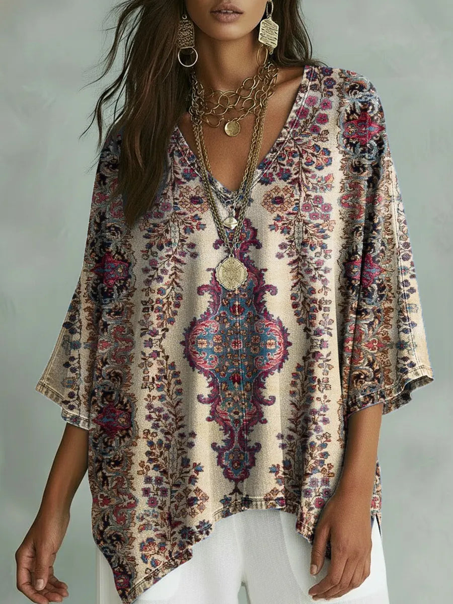 Women's Retro Floral Pattern Art Print Casual Cotton Shirt