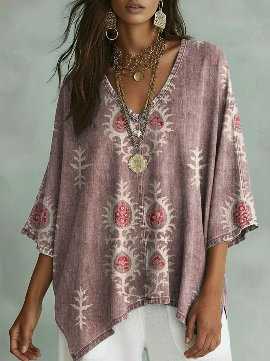 Women's Retro Floral Pattern Art Print Casual Cotton Shirt