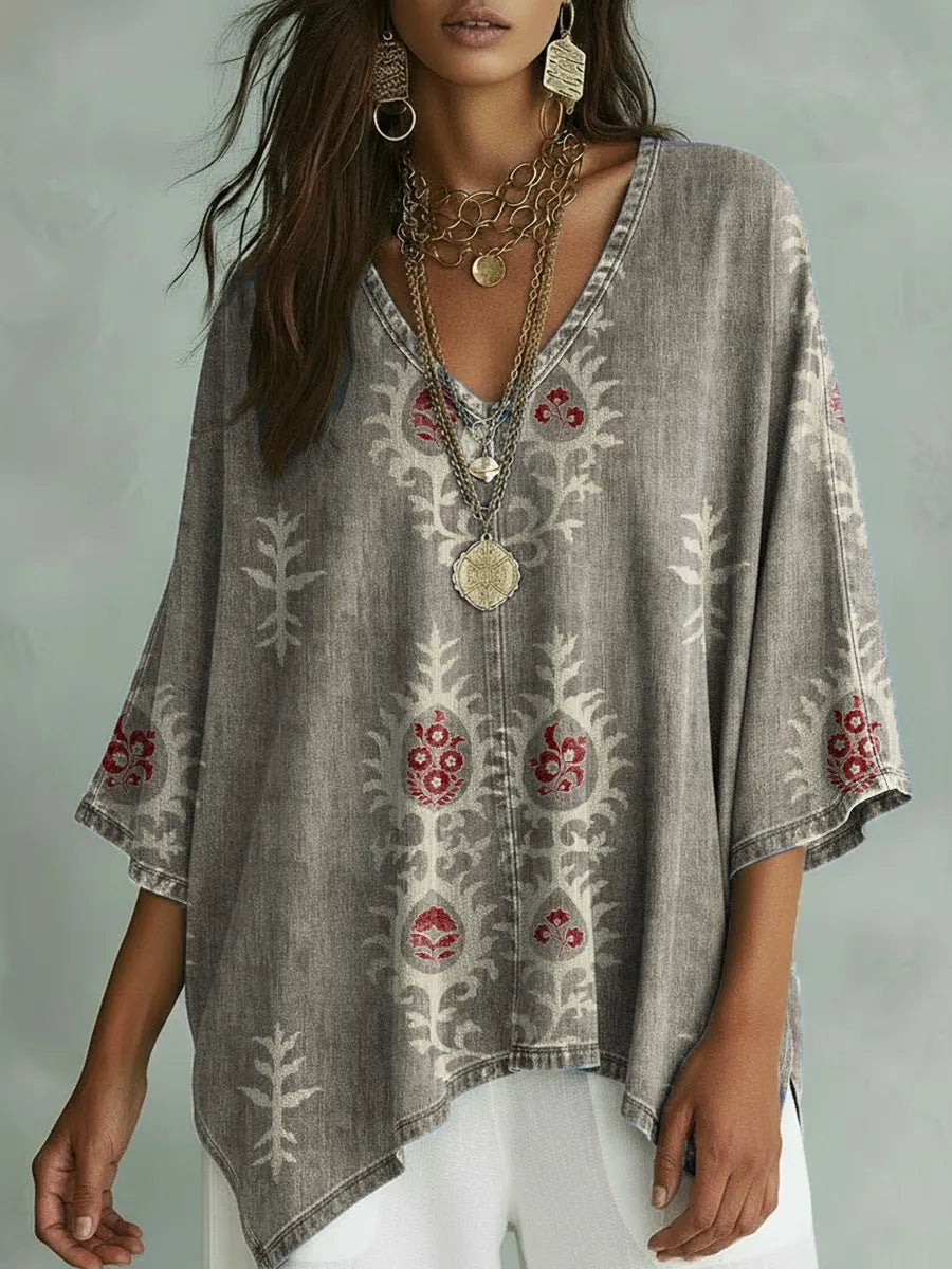 Women's Retro Floral Pattern Art Print Casual Cotton Shirt