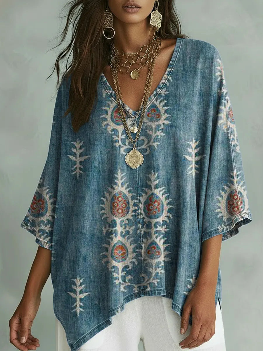 Women's Retro Floral Pattern Art Print Casual Cotton Shirt