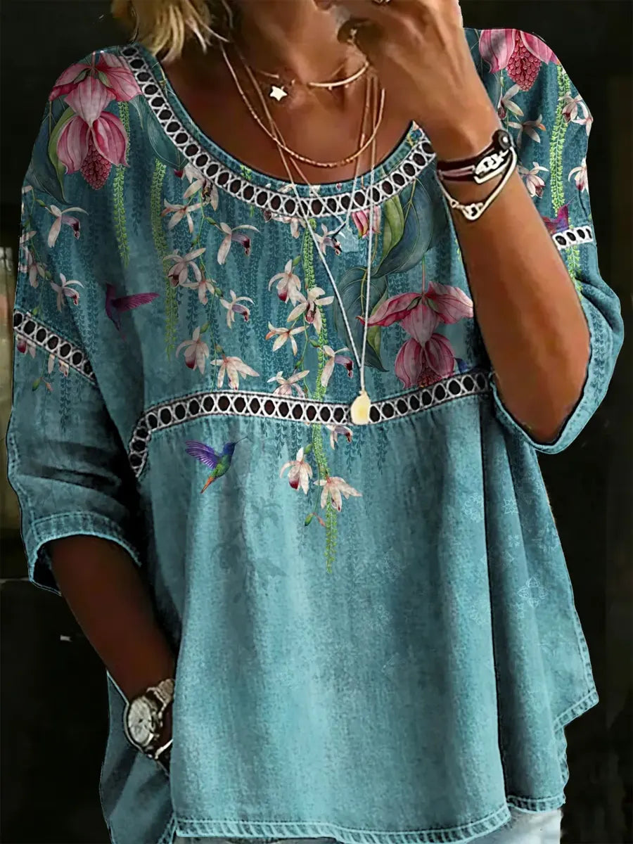 Women's Retro Floral Pattern Art Print Casual Cotton Shirt