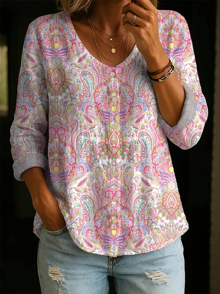 Women's Retro Floral Pattern Art Print Casual Cotton Shirt