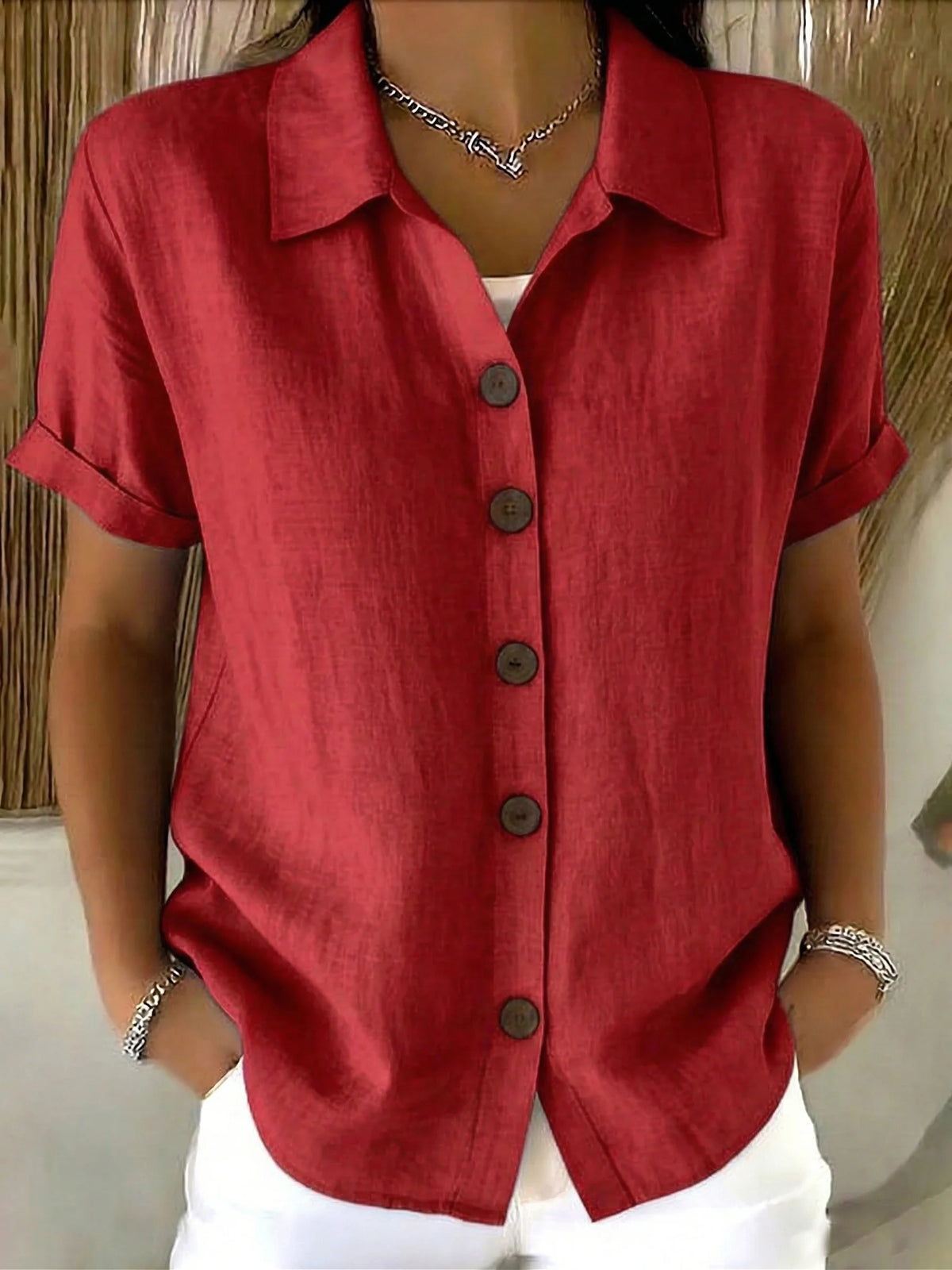 Basic Button-up Linen-cotton Short-sleeved Casual Shirt