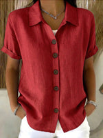 Basic Button-up Linen-cotton Short-sleeved Casual Shirt