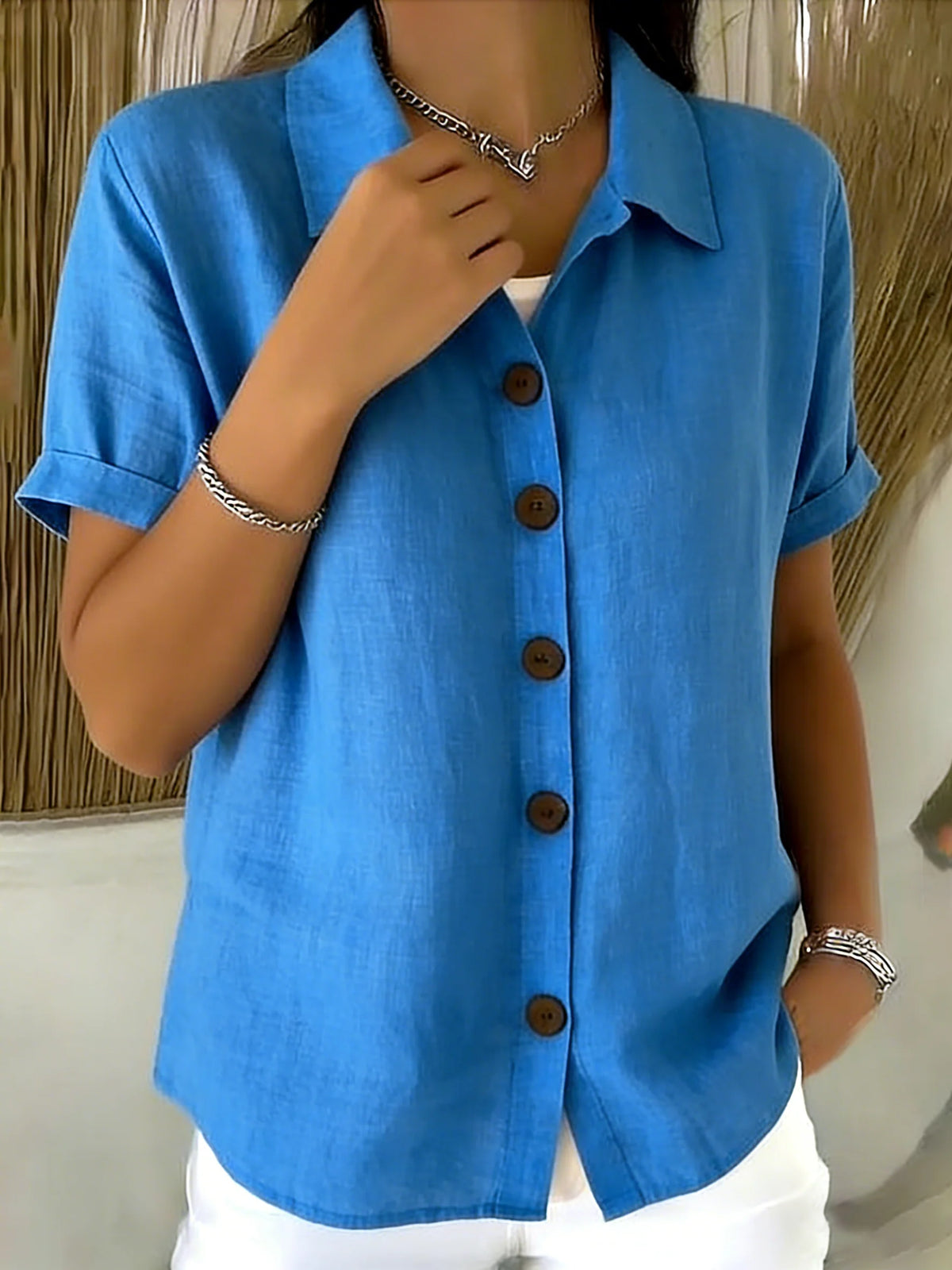 Basic Button-up Linen-cotton Short-sleeved Casual Shirt