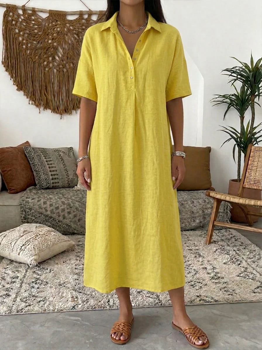 Solid Color Short Sleeve Cotton Linen Casual Maxi Dress