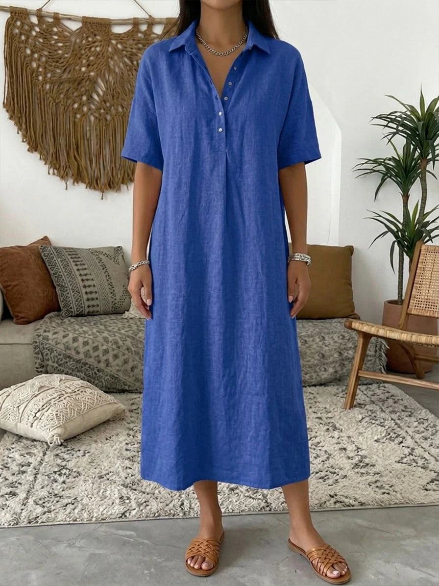 Solid Color Short Sleeve Cotton Linen Casual Maxi Dress