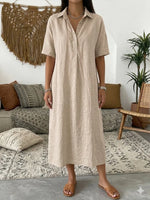 Solid Color Short Sleeve Cotton Linen Casual Maxi Dress