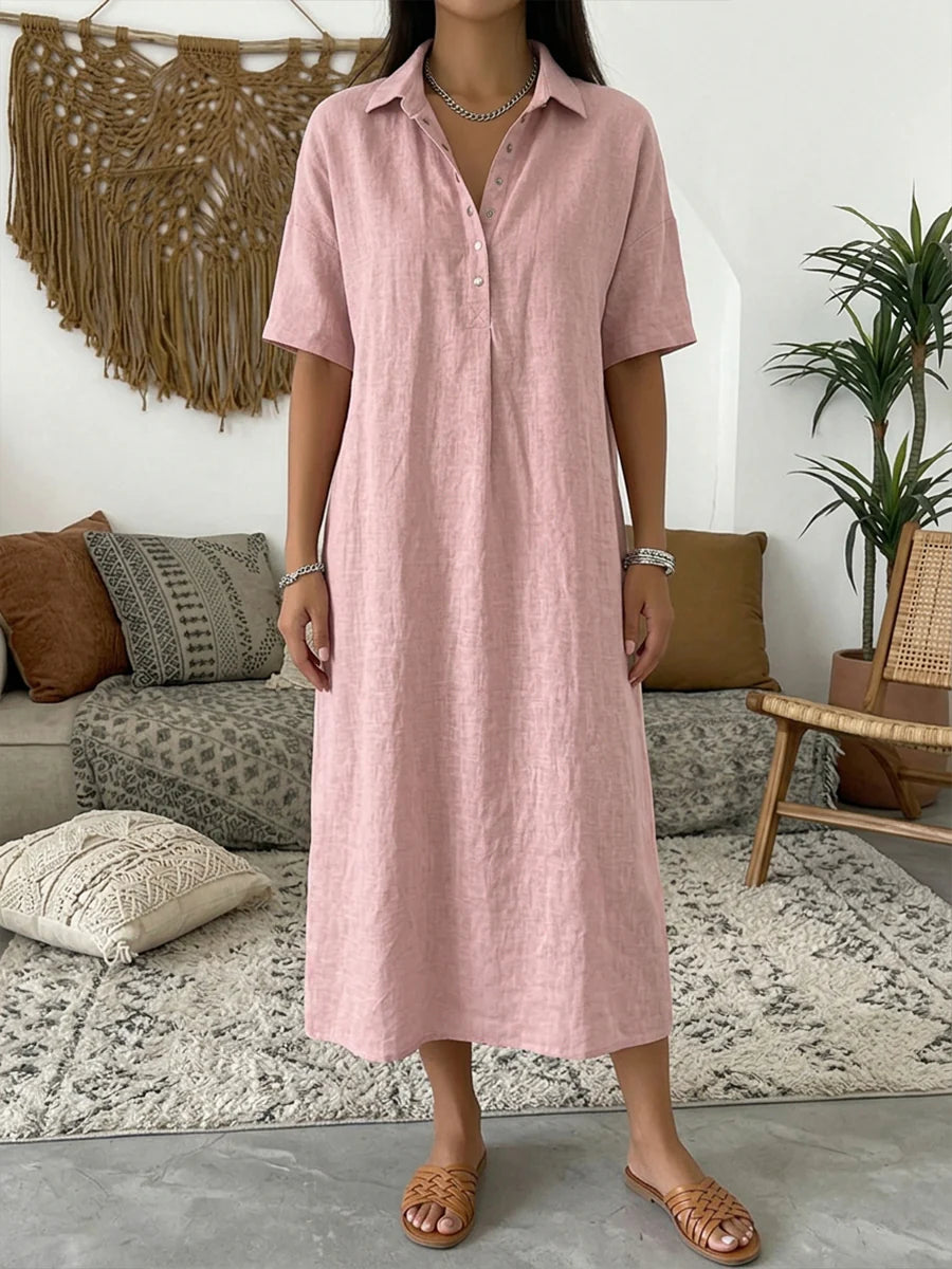 Solid Color Short Sleeve Cotton Linen Casual Maxi Dress