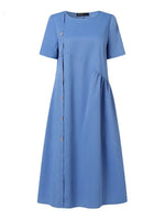 Casual Plain Loose Crew Neck Short Sleeve Button Linen Dress